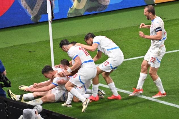 From left Czech Lukas Provod with Czech football players celebrate first goal during the Czech Republic vs. Portugal match within the European Football Championships, Leipzig, Germany, June 18, 2024. (CTKxPhoto OndrejxHajek) CTKPhotoP2024061809255  CTKPhotoP2024061809255