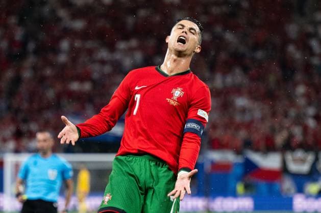 240618 Cristiano Ronaldo of Portugal reacts during the UEFA EURO, EM, Europameisterschaft,Fussball 2024 Football Championship match between Portugal and Czech Republic on June 18, 2024 in Leipzig. Photo: Mathias Bergeld BILDBYRAN kod MB MB0938 fotboll football soccer fotball fotbolls-em europamästerskap em uefa euro uefa european football championship euro 2024 portugal tjeckien czech republic bbeng depp Copyright: MATHIASxBERGELD BB240618MB116