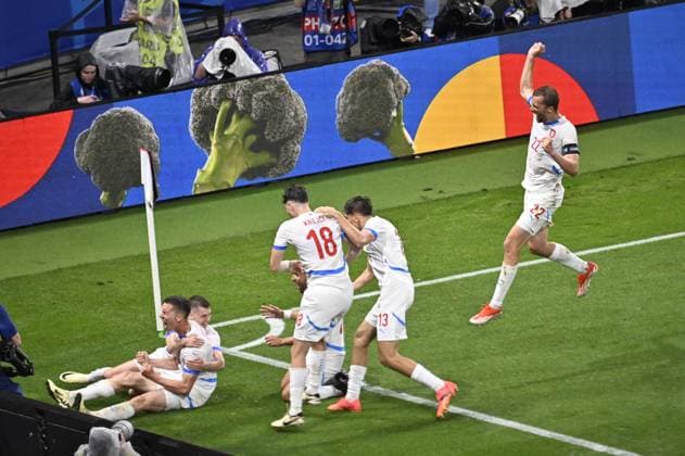 From left Czech Lukas Provod with Czech football players celebrate first goal during the Czech Republic vs. Portugal match within the European Football Championships, Leipzig, Germany, June 18, 2024. (CTKxPhoto OndrejxHajek) CTKPhotoP2024061809293  CTKPhotoP2024061809293