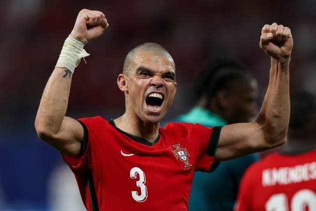 Pepe of Portugal celebrates at full-time Portugal v Czechia, UEFA European Championship, EM, Europameisterschaft 2024, Group F, Football, Leipzig Stadium, Leipzig, Germany, 18 Jun 2024 EDITORIAL USE ONLY No use with unauthorised audio, video, data, fixture lists, club league logos or live services. Online in-match use limited to 120 images, no video emulation. No use in betting, games or single club league player publications. Copyright: xMattxWest Shutterstockx 14543474dj