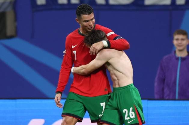 Leipzig Stadium Leipzig, Tuesday, June 18, 2024 UEFA EURO, EM, Europameisterschaft,Fussball 2024 Germany, Group F stage Matchday 1 Group F Portugal - Czechia, Cristiano Ronaldo (Portugal), Francisco Conceicao (Portugal) Torjubel, Goal celebration, celebrate the goal Copyright: JoaquimxFerreira