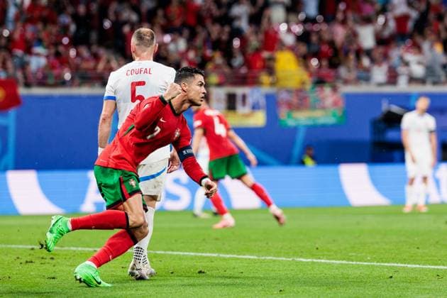 UEFA EURO 2024: Portugal - Tschechien; 18.06.2024 Cristiano Ronaldo dos Santos Aveiro (Portugal, 7) jubelt nach dem vermeintlichen Tor von Diogo Jota (Portugal, 21) UEFA EURO 2024: Portugal - Tschechien; Leipzig Stadium, Leipzig am 18.06.2024 Copyright: xBEAUTIFULxSPORTS Wunderlx