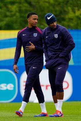 Ezri Konsa of England and Jude Bellingham of England England Training Session, UEFA European Championship, EM, Europameisterschaft 2024, Group C, Football, Spa & Golf Resort Weimarer Land, Blankenhain, Germany, 19 Jun 2024 EDITORIAL USE ONLY No use with unauthorised audio, video, data, fixture lists, club league logos or live services. Online in-match use limited to 120 images, no video emulation. No use in betting, games or single club league player publications. Copyright: xDavexShopland Shutterstockx 14546613y