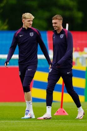 Anthony Gordon of England and Cole Palmer of England England Training Session, UEFA European Championship, EM, Europameisterschaft 2024, Group C, Football, Spa & Golf Resort Weimarer Land, Blankenhain, Germany, 19 Jun 2024 EDITORIAL USE ONLY No use with unauthorised audio, video, data, fixture lists, club league logos or live services. Online in-match use limited to 120 images, no video emulation. No use in betting, games or single club league player publications. Copyright: xDavexShopland Shutterstockx 14546613az
