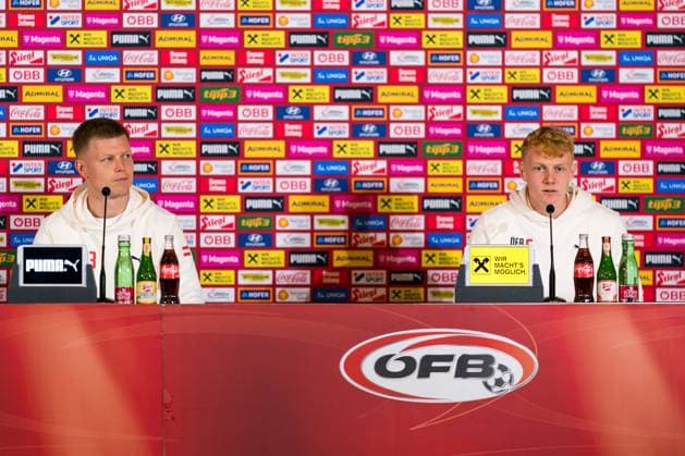 SOCCER - UEFA EURO, EM, Europameisterschaft,Fussball 2024 BERLIN,GERMANY,19.JUN.24 - SOCCER -UEFA EURO 2024, OEFB, Oesterreichischer Fussball-Bund, press conference, PK, Pressekonferenz Image shows Patrick Pentz and Nicolas Seiwald (AUT). GEPAxpictures xJohannesxFriedl