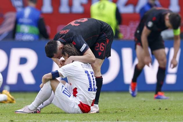 HAMBURG, Volkspark Stadium ,19-06-2024 , European Football Championship Euro2024, Group stage match no.15 between Croatia and Albania, Croatia player Luka Modric and Albania player Arber Hoxha disappointed after draw Croatia - Albania (Euro2024)  x25532954x Copyright:
