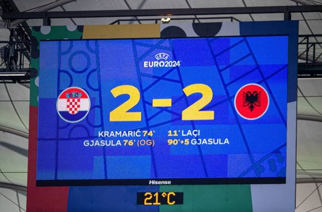 Fussball, Herren, Saison 2023 24, Euro 2024 Gruppe B (2. Spieltag) in Hamburg, Kroatien - Albanien, Anzeigetafel mit 2:2-Endstand, 19.06. 2024, Copyright: xSebastianxRäppold MatthiasxKochx