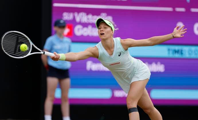 19th June 2024; Edgbaston Priory Club, Birmingham, England: Rothesay Tennis Classic Birmingham, Day 3; Viktorija Golubic (SUI) at full stretch in her womens singles match against Leylah Fernandez (CAN)  ActionPlus12656863 RogerxEvans