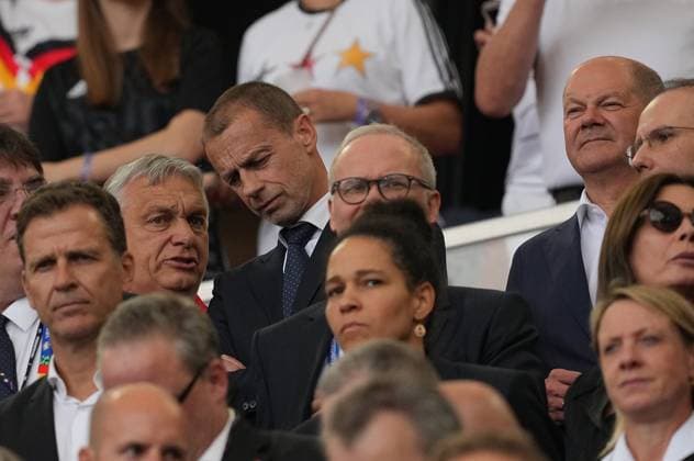 19.06.2024, Stuttgart Arena, Stuttgart, GER, EM UEFA 2024, Group A, Germany vs Hungary, im Bild Viktor Orban, Ministerpräsident von Ungarn, Aleksander Äaeferin, Präsident der UEFA, Olaf Scholz, Bundeskanzler der Bundesrepublik Deutschland Defodi-506_20240619_hbr_1265