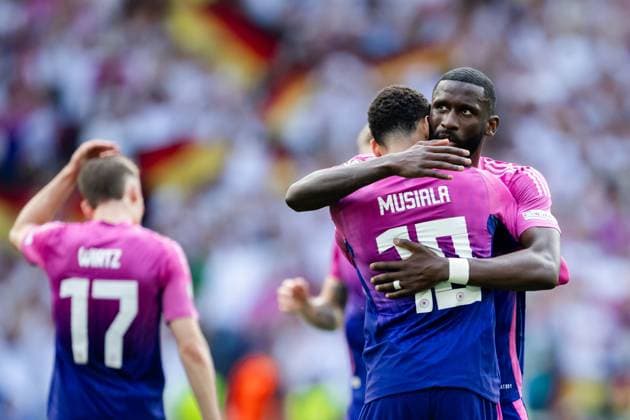 240619 Jamal Musiala and Antonio Ruediger of Germany celebrate after the 1-0 goal during the UEFA EURO, EM, Europameisterschaft,Fussball 2024 Football Championship match between Germany and Hungary on June 19, 2024 in Stuttgart. Photo: Jesper Zerman BILDBYRAN kod JZ JZ0542 fotboll football soccer fotball fotbolls-em europamästerskap em uefa euro uefa european football championship euro 2024 tyskland germany hungary bbeng jubel Copyright: JESPERxZERMAN BB240619JZ070