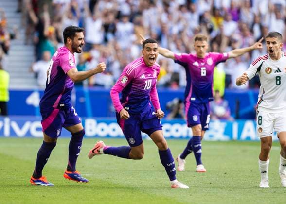 Stuttgart, MHP Arena, 19.06.2021: Jamal Musiala of germany (M) celebrates scoring the 1:0 goal with Ilkay Guendogan of germany during the match UEFA European Championship, EM, Europameisterschaft 2024 Germany v. Hungary.