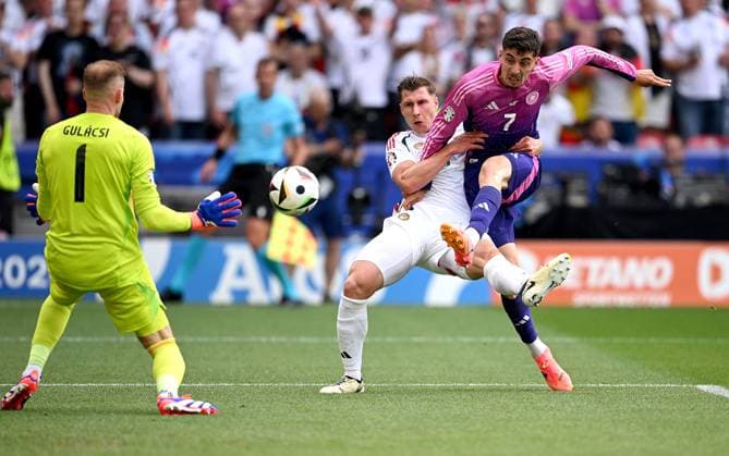 Fussball Euro 2024 Gruppe A 19.06.2024 Deutschland - Ungarn Torwart Peter Gulacsi (li, Ungarn) gegen Willi Orban (mitte, Ungarn) gegen Kai Havertz (re, Deutschland)