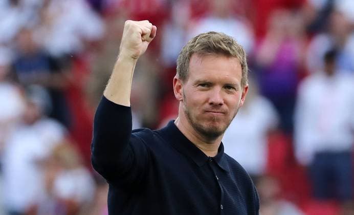 Trainer Julian Nagelsmann jubelt nach Spielende Freude Emotion Jubel Fußball Fussball Europameisterschaft Euro 2024 EM Herren Saison 2023 2024 19.06.2024 Deutschland GER vs. Ungarn HUN in Stuttgart DFL regulations prohibit any use of photographs as image sequences and or quasi-video.