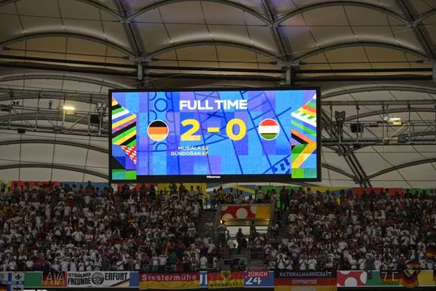 Anzeigetafel mit Endstand 2-0 - Fussball, Herren, Saison 2023 24, Euro 20204 Gruppe A (2. Spieltag) in Stuttgart, Deutschland - Ungarn, v. l. , 19.06. 2024, Copyright: xMatthiasxKochx