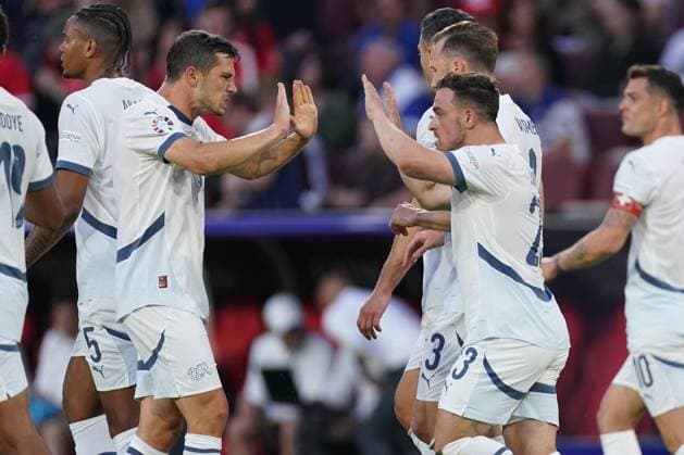 2024-06-19 Scotland v Switzerland - Group A - UEFA EURO, EM, Europameisterschaft,Fussball 2024 COLOGNE, GERMANY - JUNE 19: Xherdan Shaqiri of Switzerland celebrates after scoring the goal with Remo Freuler of Switzerland during the Group A - UEFA EURO 2024 match between Scotland and Switzerland at Cologne Stadium on June 19, 2024 in Cologne, Germany. (Photo by Joris Verwijst BSR Agency) Cologne Germany Content not available for redistribution in The Netherlands directly or indirectly through any third parties. Copyright: xBSRxAgencyx