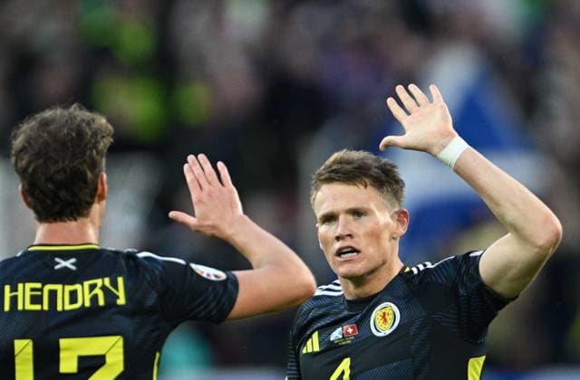 Fußball EURO 2024 Scotland - Switzerland 8711949 19.06.2024 Scotland s Scott McTominay, right, and Jack Hendry celebrate a goal during the UEFA EURO, EM, Europameisterschaft,Fussball 2024 Group A soccer match between Scotland and Switzerland at the Cologne Stadium in Cologne, Germany. Alexey Filippov Sputnik Cologne Germany  Copyright: xAlexeyxFilippovx
