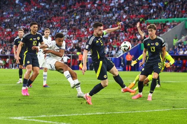 Switzerland v Scotland 19 June 2024, Cologne - UEFA EUROs - Group A - Switzerland v Scotland - Dan Ndoye of Switzerland scores a goal which got later disallowed - Photo: Charlotte Wilson Offside. Cologne Germany Copyright: xCharlottexWilsonx xOffsidexOffside