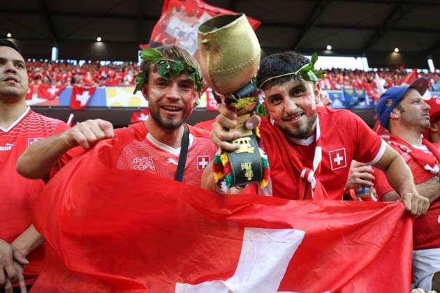 Switzerland v Scotland 19 June 2024, Cologne - UEFA EUROs - Group A - Switzerland v Scotland - Switzerland fans - Photo: Charlotte Wilson Offside. Cologne Germany Copyright: xCharlottexWilsonx xOffsidexOffside