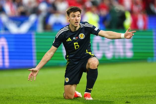Switzerland v Scotland 19 June 2024, Cologne - UEFA EUROs - Group A - Switzerland v Scotland - Kieran Tierney of Scotland - Photo: Charlotte Wilson Offside. Cologne Germany Copyright: xCharlottexWilsonx xOffsidexOffside