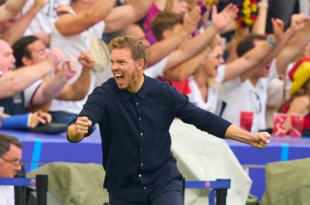 Sport Themen der Woche KW25 Sport Bilder des Tages DFB headcoach Julian Nagelsmann , Bundestrainer, Nationaltrainer, celebrates 2-0 goal, happy, laugh, celebration, of Ilkay Gündogan, DFB 21 in the group stage match GERMANY - HUNGARY of the UEFA European Championships 2024 on Jun 19, 2024 in Stuttgart, Germany.