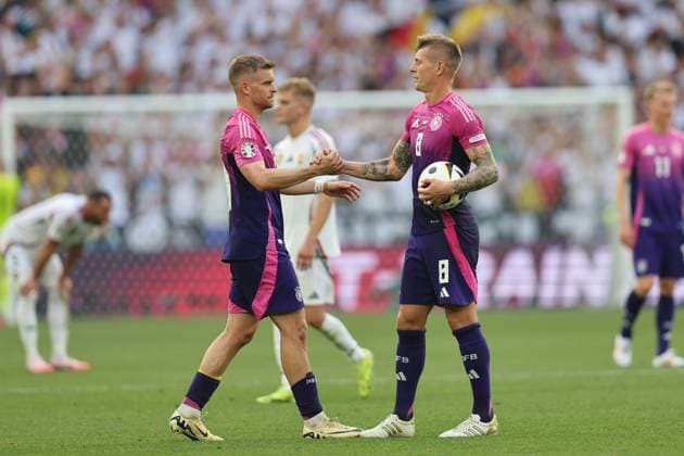 Maximilian Mittelstadt (Germany)Toni Kroos (Germany) during the UEFA EURO, EM, Europameisterschaft,Fussball Germany 2024 match between Germany 2-0 Hungary at Stuttgart Arena on June 19, 2024 in Stuttgart, Germany. Noxthirdxpartyxsales  (256970920)