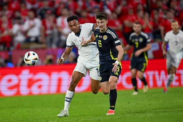 Dan Ndoye (Switzerland)Kieran Tierney (Scotland) during the UEFA EURO, EM, Europameisterschaft,Fussball Germany 2024 match between Switzerland 1-1 Scotland at Cologne Stadium on June 19, 2024 in Cologne, Germany. Noxthirdxpartyxsales  (256971405)
