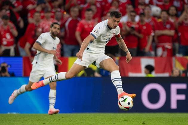 XHAKA Granit (SUI) Aktion, Einzelaktion, Gruppenphase Gruppe A Schottland (SCO) - Schweiz (SUI) 1:1 am 19.06.2024 Stadion Koeln, Cologne Stadium, Fussball UEFA EURO, EM, Europameisterschaft,Fussball 2024 GERMANY vom 14.06.2024 - 14.07.2024. Â