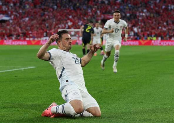 Sport Themen der Woche KW25 Football - 2024 European Championship, EM, Europameisterschaft Finals - Group A - Scotland vs Switzerland - Rhein Energy Stadium, Cologne - Wednesday 19th June 2024 Xherdan Shaqiri of Switzerland celebrates after scoring to make it 1-1 