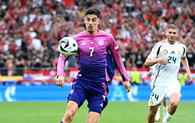 Fussball, Europameisterschaft, EURO 2024, Gruppe A, MHP-Arena Stuttgart: Deutschland - Ungarn 2:0; Kai Havertz (GER). Aktion, Einzelbild.