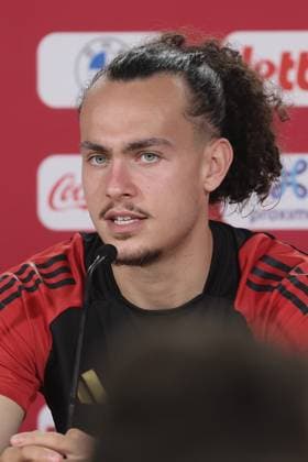 Belgium s Arthur Theate pictured during a press moment of Belgian national soccer team Red Devils, Thursday 20 June 2024 at their base camp in Freiberg am Neckar, Germany, during the UEFA EURO, EM, Europameisterschaft,Fussball 2024 European Soccer Championships. The Red Devils play in Group E at the Euro 2024 European Championships in Germany. BRUNOxFAHY  x94917021x