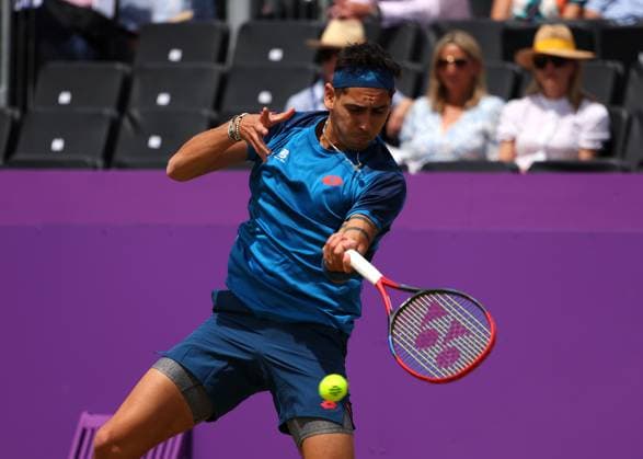20th June 2024; Cinch Championships, Queens Club, West Kensington, London, England: Cinch Championships Queens Club, Day 4; Alejandro TABILO (CHI) serves to Tommy PAUL (USA), mens singles match  ActionPlus12657178 JohnxPatrickxFletcher