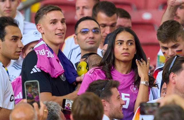 Nico Schlotterbeck, DFB 15 wife Sabrina, and baby, son, daughter in the group stage match GERMANY - HUNGARY 2-0 of the UEFA European Championships 2024 on Jun 19, 2024 in Stuttgart, Germany.