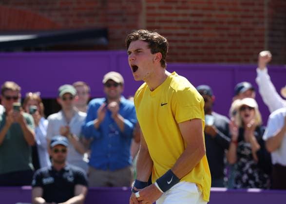 20th June 2024; Cinch Championships, Queens Club, West Kensington, London, England: Cinch Championships Queens Club, Day 4; Jack Draper (GBR) celebrates after defeating the defending champion Carlos Alcaraz (ESP) by two sets to reach the quarter finals, mens singles match  ActionPlus12657311 JohnxPatrickxFletcher