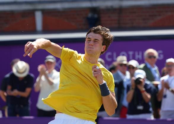 20th June 2024; Cinch Championships, Queens Club, West Kensington, London, England: Cinch Championships Queens Club, Day 4; Jack Draper (GBR) celebrates after defeating the defending champion Carlos Alcaraz (ESP) by two sets to reach the quarter finals, mens singles match  ActionPlus12657312 JohnxPatrickxFletcher