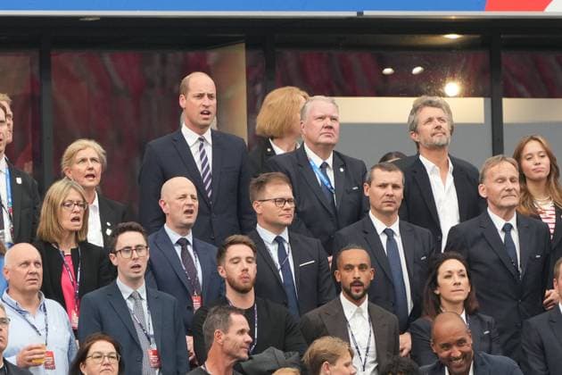 William, Prince of Wales von England, Prinz William und Kronprinz Frederik von Dänemark auf der Tribüne bei den Hymnen - Frankfurt 20.06.2024: England vs. Dänemark, EURO2024 M17, Gruppe C, EM-Arena Frankfurt