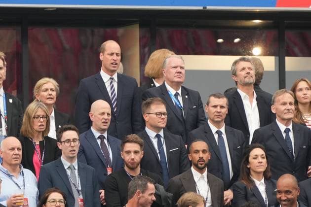William, Prince of Wales von England, Prinz William und Kronprinz Frederik von Dänemark auf der Tribüne bei den Hymnen - Frankfurt 20.06.2024: England vs. Dänemark, EURO2024 M17, Gruppe C, EM-Arena Frankfurt