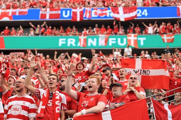 Football - UEFA EURO, EM, Europameisterschaft,Fussball 2024 - Group C - Denmark v England 20th June 2024 - UEFA EURO 2024 - Group C - Denmark v England - Denmark fans - Photo: Simon Stacpoole Offside. Frankfurt Germany Copyright: xSimonxStacpoolexOffside