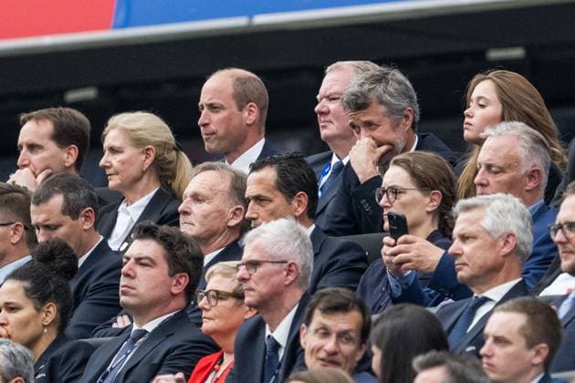 240620 Prince William, Karl-Erik Nilsson, first vice-president of UEFA, and Prince Joachim of Denmark in the stands during the UEFA EURO, EM, Europameisterschaft,Fussball 2024 Football Championship match between Denmark and England on June 20, 2024 in Frankfurt. Photo: Mathias Bergeld BILDBYRAN kod MB MB0939 fotboll football soccer fotball fotbolls-em europamästerskap em uefa euro uefa european football championship euro 2024 danmark denmark england bbeng Copyright: MATHIASxBERGELD BB240620MB049