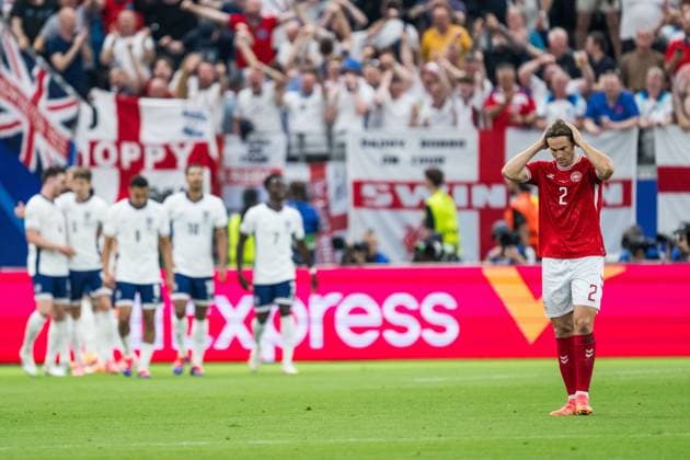 240620 Joachim Christian Andersen of Denmark looks dejected after 0-1 during the UEFA EURO, EM, Europameisterschaft,Fussball 2024 Football Championship match between Denmark and England on June 20, 2024 in Frankfurt. Photo: Mathias Bergeld BILDBYRAN kod MB MB0939 fotboll football soccer fotball fotbolls-em europamästerskap em uefa euro uefa european football championship euro 2024 danmark denmark england bbeng depp Copyright: MATHIASxBERGELD BB240620MB052