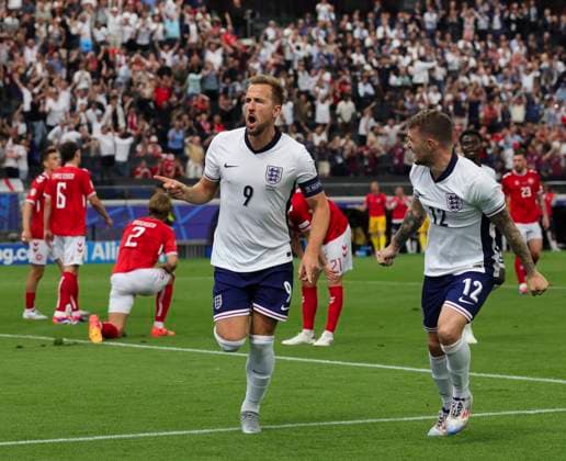 Denmark v England UEFA EURO, EM, Europameisterschaft,Fussball 2024 Group C Harry Kane of England celebrates after scoring his sides first goal during the UEFA Euro 2024 Group C match between Denmark and England at the Deutsche Bank Park, Frankfurt Copyright: xPaulxChestertonx FIL-20272-0070 UK Newspapers OUT