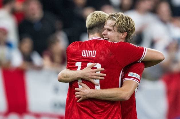 240620 Morten Hjulmand and Jonas Wind of Denmark celebrate after 1-1 during the UEFA EURO, EM, Europameisterschaft,Fussball 2024 Football Championship match between Denmark and England on June 20, 2024 in Frankfurt. Photo: Mathias Bergeld BILDBYRAN kod MB MB0939 fotboll football soccer fotball fotbolls-em europamästerskap em uefa euro uefa european football championship euro 2024 danmark denmark england bbeng jubel Copyright: MATHIASxBERGELD BB240620MB071