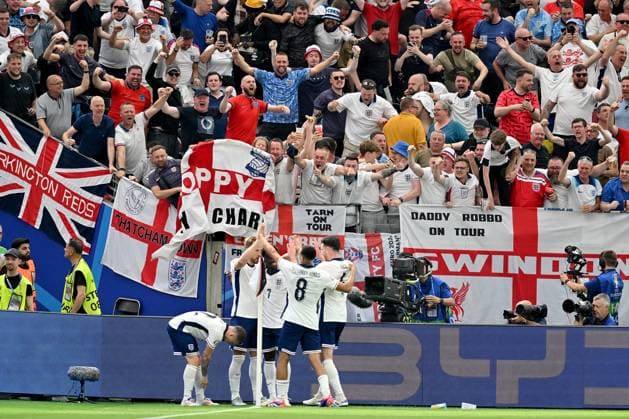 20.06.2024, xscotx, Fussball EM 2024, Dänemark - England, emspor, v.l. Torjubel nach dem Tor zum celebrating the goal celebrate 0:1 durch Harry Kane (England) Frankfurt am Main
