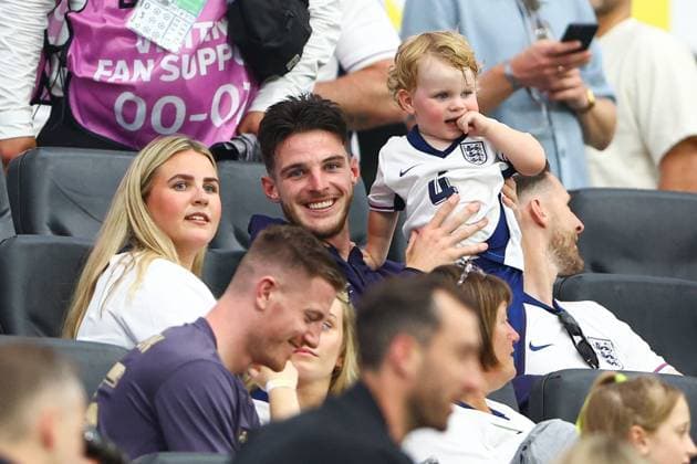 Declan Rice of England and their partner Lauren Fryer Denmark v England, UEFA European Championship, EM, Europameisterschaft 2024, Group C, Football, Frankfurt Arena, Frankfurt, Germany, 20 Jun 2024 EDITORIAL USE ONLY No use with unauthorised audio, video, data, fixture lists, club league logos or live services. Online in-match use limited to 120 images, no video emulation. No use in betting, games or single club league player publications.  Copyright: xKieranxMcManus Shutterstockx 14543690gh