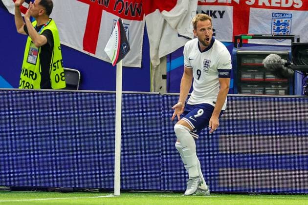 Denmark v England Euro 2024 20 06 2024. Group C Goal 0-1 Harry Kane of England scores a goal and celebrates during the Euro 2024 match between Denmark and England at Deutsche Bank Park, Frankfurt, Germany on 20 June 2024. Editorial use only , Copyright: xNigelxKeenex PSI-19851-0055