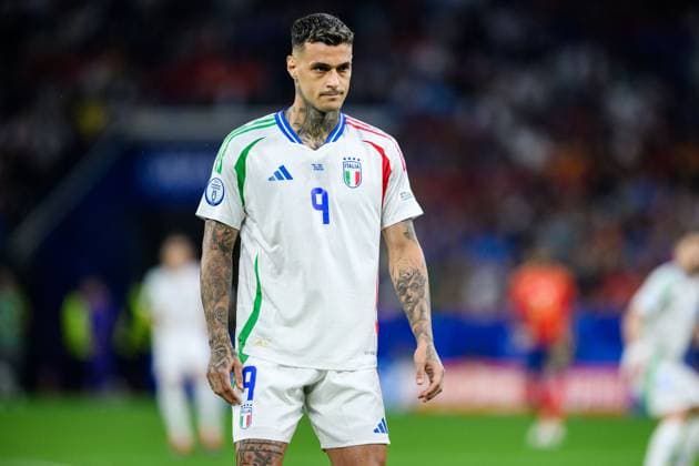 240620 Gianluca Scamacca of Italy during the UEFA EURO, EM, Europameisterschaft,Fussball 2024 Football Championship match between Spain and Italy on June 20, 2024 in Gelsenkirchen. Photo: Jesper Zerman BILDBYRAN kod JZ JZ0544 fotboll football soccer fotball fotbolls-em europamästerskap em uefa euro uefa european football championship euro 2024 spanien spain italy bbeng Copyright: JESPERxZERMAN BB240620JZ050