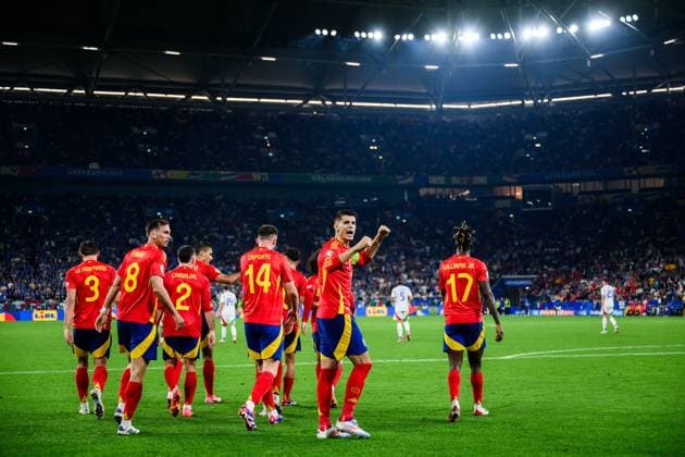 240620 Alvaro Morata of Spain celebrates after 1-0 during the UEFA EURO, EM, Europameisterschaft,Fussball 2024 Football Championship match between Spain and Italy on June 20, 2024 in Gelsenkirchen. Photo: Jesper Zerman BILDBYRAN kod JZ JZ0544 fotboll football soccer fotball fotbolls-em europamästerskap em uefa euro uefa european football championship euro 2024 spanien spain italy bbeng jubel Copyright: JESPERxZERMAN BB240620JZ117