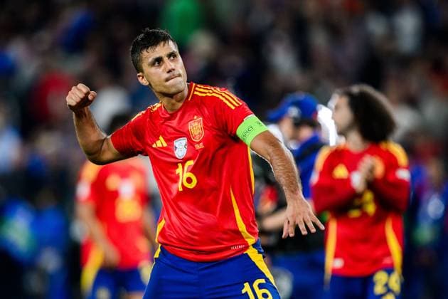 240620 Rodrigo Hernandez of Spain celebrates after the UEFA EURO, EM, Europameisterschaft,Fussball 2024 Football Championship match between Spain and Italy on June 20, 2024 in Gelsenkirchen. Photo: Jesper Zerman BILDBYRAN kod JZ JZ0544 fotboll football soccer fotball fotbolls-em europamästerskap em uefa euro uefa european football championship euro 2024 spanien spain italy bbeng jubel Copyright: JESPERxZERMAN BB240620JZ168