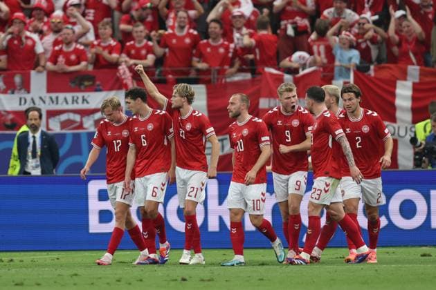 Morten Hjulmand (Denmark) celebrates after scoring his team s first goal during the UEFA EURO, EM, Europameisterschaft,Fussball Germany 2024 match between Denmark 1-1 England at Frankfurt Arena on June 20, 2024 in Frankfurt, Germany. Noxthirdxpartyxsales  (257099876)