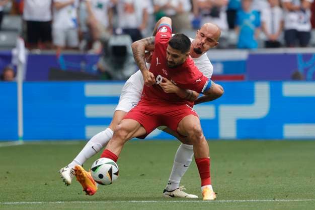 (240621) -- MUNICH, June 21, 2024 -- Vanja Drkusic (rear) of Slovenia vies with Aleksandar Mitrovic of Serbia during the UEFA EURO, EM, Europameisterschaft,Fussball 2024 Group C match between Slovenia and Serbia in Munich, Germany on June 20, 2024. (Photo by Xinhua) (SP)GERMANY-MUNICH-FOOTBALL-EURO 2024-SLOVENIA VS SERBIA PhilippexRuiz 