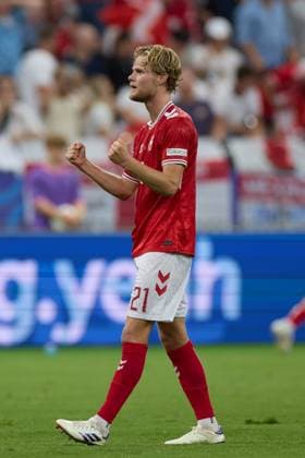 (240621) -- FRANKFURT, June 21, 2024 -- Morten Hjulmand of Denmark celebrates scoring during the UEFA EURO, EM, Europameisterschaft,Fussball 2024 Group C match between Denmark and England in Frankfurt, Germany on June 20, 2024. ) (SP)GERMANY-FRANKFURT-FOOTBALL-EURO 2024-DENMARK VS ENGLAND MengxDingbo 